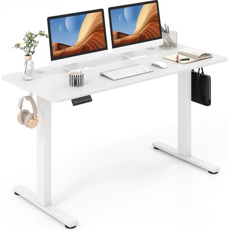 COSTWAY Bureau Assis Debout Électrique 140 x 60 cm, Bureau Électrique Réglable en Hauteur avec Protection Anti-Collision, 3 Hauteurs de Mémoire, Passe-câbles et Crochets (Blanc) (1/5)