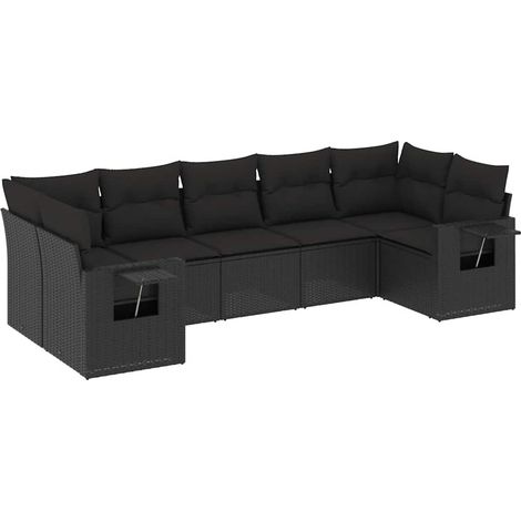 Salon de jardin 7 pcs Mobilier de jardin avec coussins noir résine tressée (1/5)