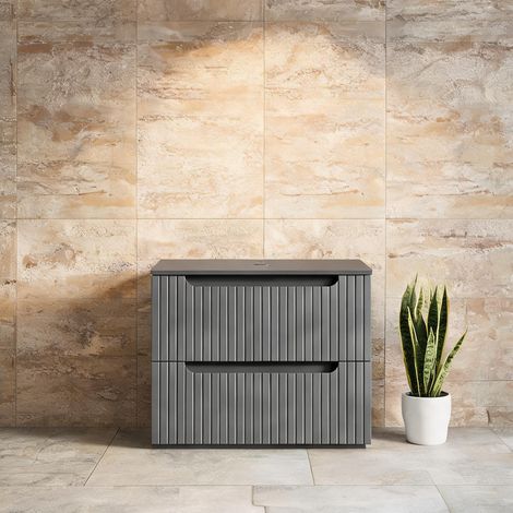Caisson de salle de bain gris foncé 60 cm en pierre frittée (1/5)