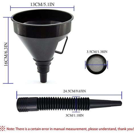 Lot de 3 entonnoirs en plastique noir avec tuyaux flexibles rallongés — Entonnoirs de remplissage anti-déversement avec filtres intégrés (1/2)