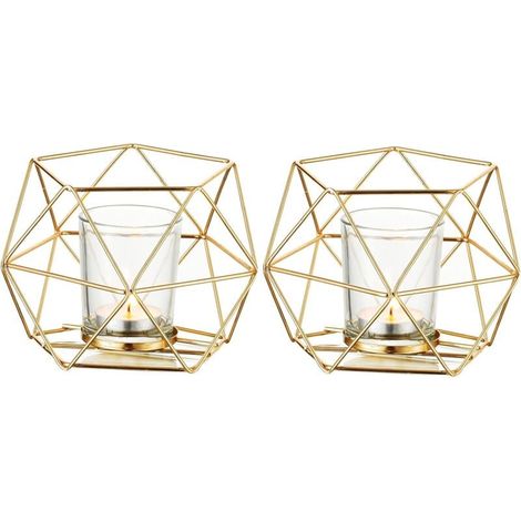 Bougie Doré Bougeoir - Lot de 2 Bougeoirs Mariage Centre de Table pour Bougies Géométrique Design Moderne de Anniversaire Maison Décoration Métal-Fei Yu (1/4)