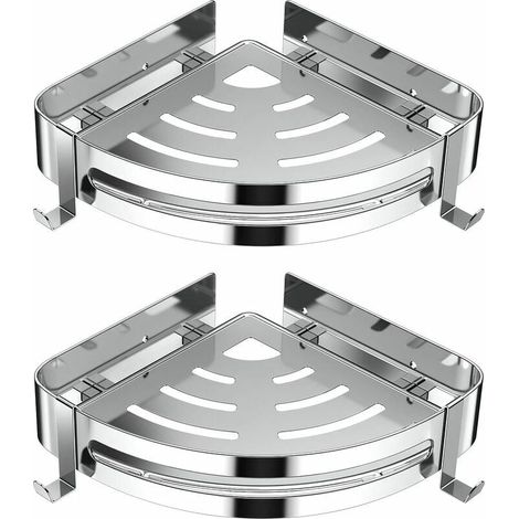 Eckduschablage, Badezimmerregal ohne Bohren, Küchenaufbewahrungskorb aus Edelstahl 304, Duschorganizer mit 4 Haken, Duschshampoo-Halter - 2er-Pack (Silber) (1/5)