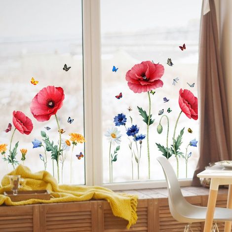 – Adhesivo decorativo de pared con diseño de amapola – 88 cm x 57 cm – 2 láminas – Para ventanas y paredes lisas – Fácil de aplicar y quitar (1/4)