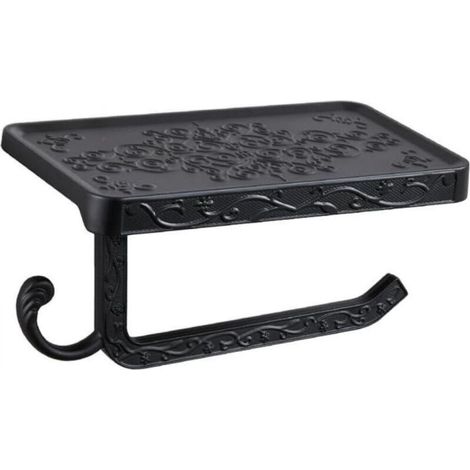 Semplice portarotolo da parete nero con ripiano, portarotolo e supporto per telefono, realizzato in alluminio leggero.