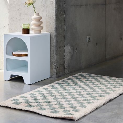 Tapis intérieur shaggy poils longs damier bleu clair et crème 80 x 150 cm