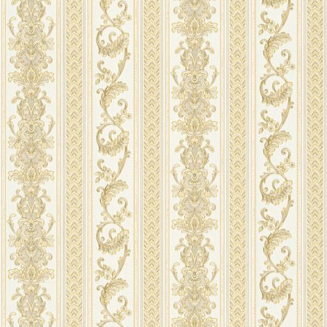 Carta da parati barocca Profhome 335473 Carta da parati TNT leggermente strutturata in stile barocco opaca oro bianco-crema 5,33 m2