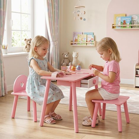 Coiffeuse Enfant et Salon de Manucure 2 en 1 Jeu d'Imitation en Bois avec Tiroir et Pieds Robustes Rose pour Chambre (1/5)