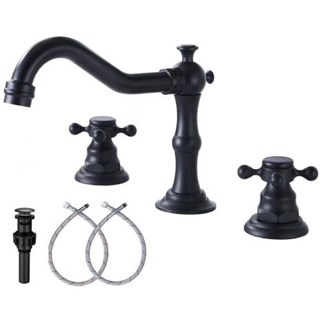 Robinet de salle de bain noir GGStudy Faucets Lavabo de salle de bain 2 poignées 3 trous Robinet de salle de bain largement répandu de 8 pouces avec ensemble de vidange et tuyau (1/5)