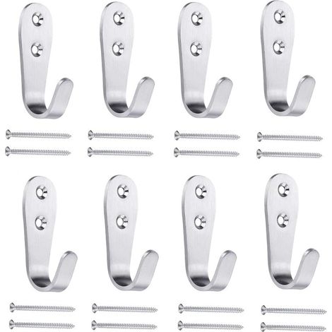 Patere Murale Porte Manteau, 8 Crochets Muraux Inox Brossé Lourd Métal Petit J Crochet Simple pour Suspendre des Vêtements Vestes Peignoirs Serviettes Chapeaux Clés Sacs Tasses, Argent (1/5)