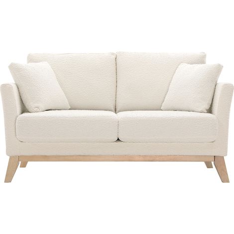 Divano scandinavo 2 posti sfoderabile bianco effetto lana bouclé e base legno OSLO
