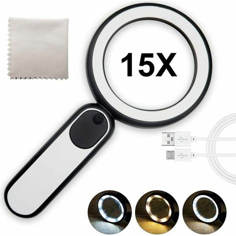 15-fache wiederaufladbare Lupe, Leselupe, beleuchtete Lupe mit 21 LEDs in 3 Modi, Handlupe, USB-geladene beleuchtete Lupe, zum Lesen, Schmuck, Senioren, Basteln, Kinder (1/4)