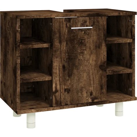 Armoire de bain design épuré 60 x 32 x 53,5 cm grand espace de rangement en bois d'ingénierie chêne fumé (1/5)