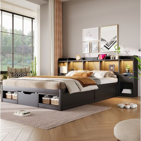 Lit double 140x200 cm avec 3 tiroirs et LED, en bois, noir (1/5)