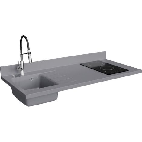 Plan de travail monobloc PlaniQuartz avec évier - 140 cm - Cromo - évier à gauche - Plaque de cuisson Vitrocéramique
