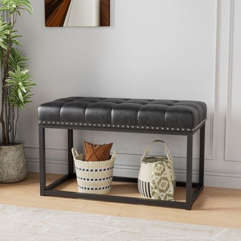 AMXCNOY Banc vintage capitonné 36" avec assise en simili cuir capitonné, cadre métallique industriel banc de salle à manger pour entrée, chambre à coucher, salon ou bout de lit (Noir) (1/5)
