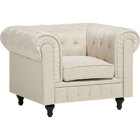 Sillón tapizado de tela beige patas de madera oscura estilo contemporáneo Chesterfield