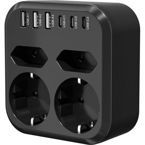10-in-1-Steckdosenleiste gemäß europäischen Standards mit 4 Steckdosen, 6 USB-Schnellladeanschlüssen und 7 Überspannungsschutzsteckdosen.