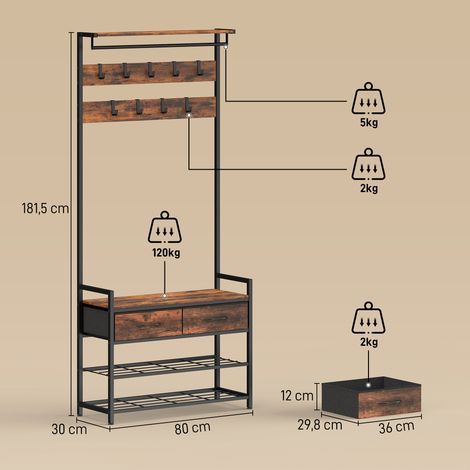Porte-manteau avec crochets, banc à chaussures, meuble de rangement d'entrée de style industriel, structure en acier, marron rustique (1/5)