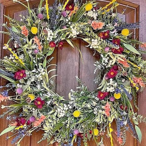 Guirlande de fleurs sauvages artificielles pour porte d'entrée (printemps/été 2024), résistante aux intempéries, verte, utilisable toute l'année, pour la maison, la campagne et l'intérieur (40 cm). (1/4)