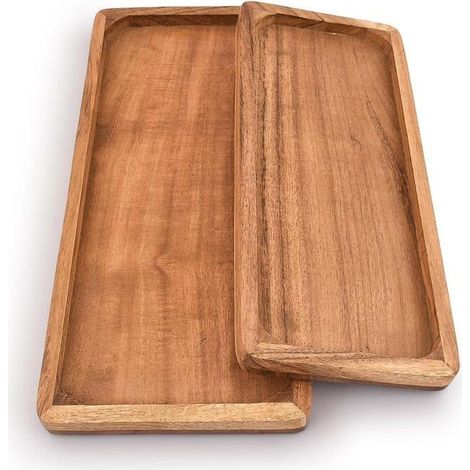 2 plateaux rectangulaires en bois d'acacia, bords relevés, présentation élégante, service buffet et apéf, usage intérieur (1/5)