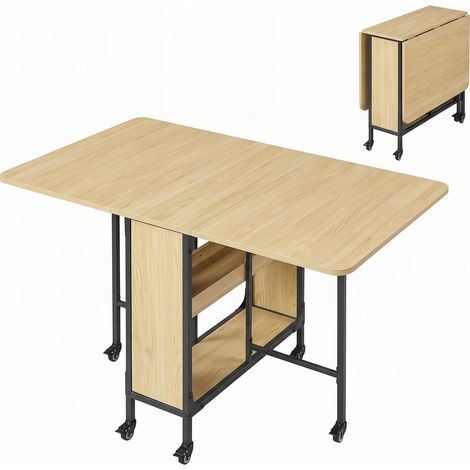 Table à Manger Pliable avec Rangement, Petite Table de Cuisine sur Roulettes, 130 x 75 x 75 cm, Doré Chêne (1/5)