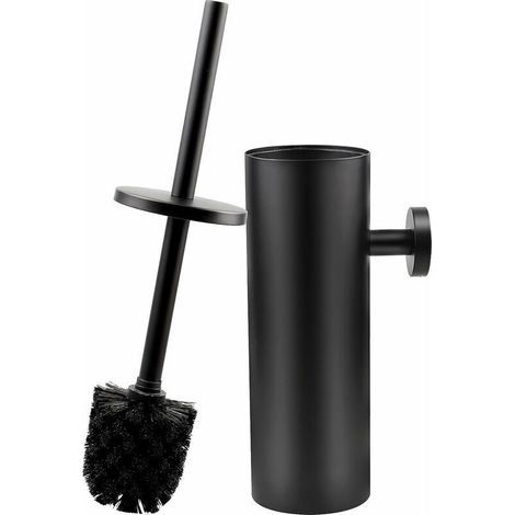 Brosse WC avec brosse WC et récipient en acier inoxydable - Montage mural et debout avec couvercle - Long manche pour salle de bain - Noir mat (1/5)