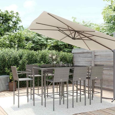 vidaXL Mesa y taburetes altos jardín 9 piezas ratán sintético gris (1/5)