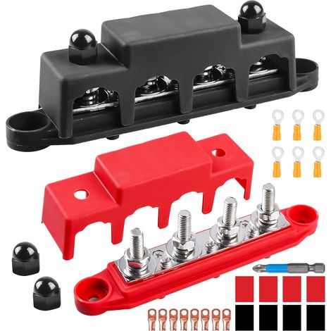 Lot de 2 blocs de distribution - 12 V-48 V CC - 250 A - BusBar - Avec 4 boulons de serrage M8 - Module haute performance - Avec couvercle - Pour voiture, marine, système de batterie (1/5)