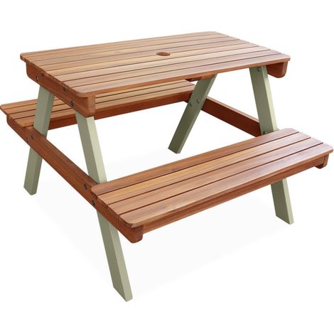 Table de pique-nique en bois d'acacia pour enfant. 2 places. salon de jardin enfant couleur teck clair et vert de gris
