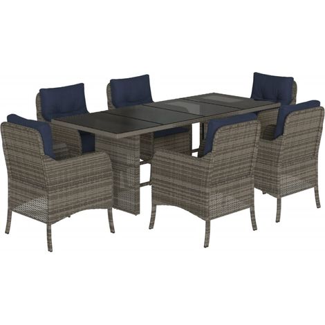 7 Piece Garden Dining Set with Cushions Grey Poly Rattan vidaXL (1/5)