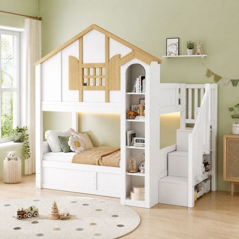 Litera infantil 90x200 cm de madera blanca con almacenaje, sin colchones – MEUBLIV (1/5)