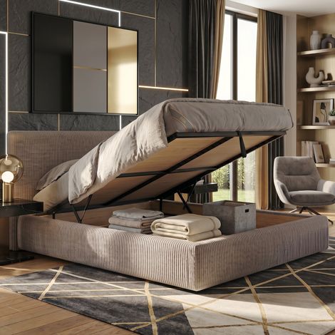 Lit coffre 90x190 cm velours côtelé gris avec tête de lit (1/5)