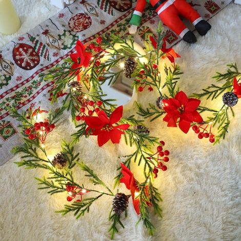 Guirlande De Noël Artificielle - Sapin Et Poinsettia Flocés Avec Lumières - 175 Cm - Pour Intérieur Et Extérieur - 1 Pièce (1/5)