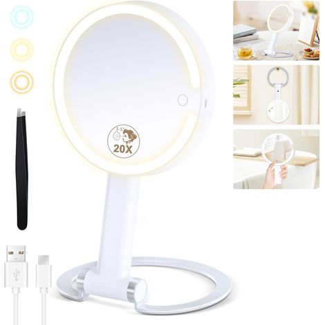 20X Magnifying Mirror with Light, Lighted Makeup Mirror with 20X/1X Magnification, 3 Color Light and Adjustable Brightness, 3-in-1 Multifunctional Makeup Mirror with Lights 2000mAh (1/5)