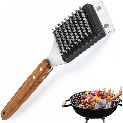 Grillbürste, Grill Bürste, Drahtbürste Grill, Grillbürste Edelstahl, Grillbürste Für Gussrost 38cm Extra Langer Und Hartholz Wärmedämmung Griff, BBQ Grill Bürste für Den Außengrill