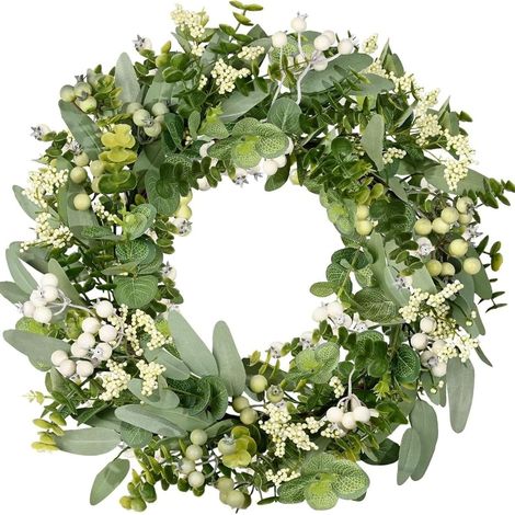 Frühlings-Eukalyptuskranz – 45,7 cm (18 Zoll), grüne Blätter + weiße Beeren, künstlich, zum Aufhängen an der Tür