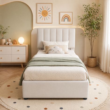 Superaly Lit Simple Capitonné 90x200 cm, Caisson Surélevé, Lit Coffre à Rangement Hydraulique, Adapté aux Enfants et Adolescents, Tête de Lit Réglable en Hauteur, Style Classique, Tissu Lin, Beige (1/5)