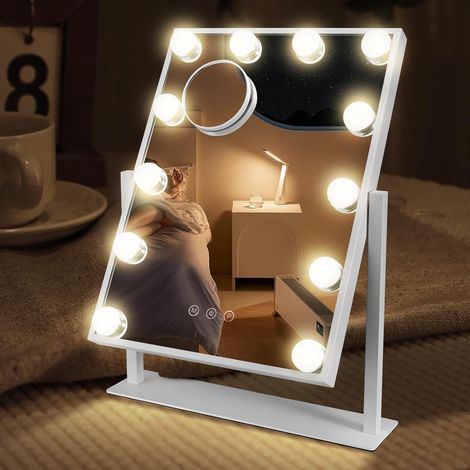 Miroir avec Eclairages LED Type-C et Port de Chargement USB 12 variateurs de lumière Miroir de Maquillage 3 Modes d'éclairage avec éclairage Mirroir Montage Mural Blanc 40x30cm