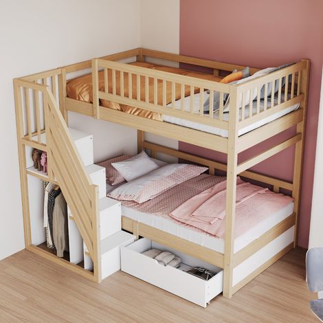 Litera cama 2 plazas con escalera de almacenaje y cajón, 90 x 200 cm, sin colchón, madera