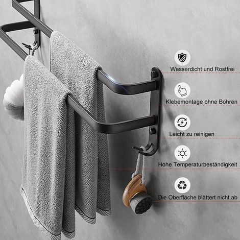 Porte-serviettes mural sans perçage - 60 cm - Noir - Accessoires de salle de bain - Double (1/4)