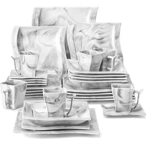 Service de Table pour 6 Personnes Service Vaisselle en Gris Effet Marbre Assiettes Plates Assiettes à Dessert Assiettes Creuse Tasses Soucoupes (1/5)