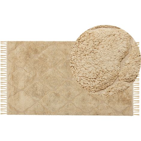 Alfombra de algodón beige arena 80 x 150 cm a mano geométrico borlas Sanliurfa (1/5)
