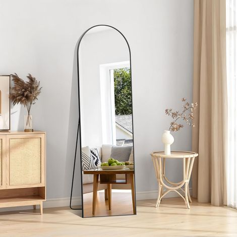 Miroir pleine longueur arqué 150 x 40 cm sur pied bombé, cadre métal noir, mural incliné, sol (1/5)