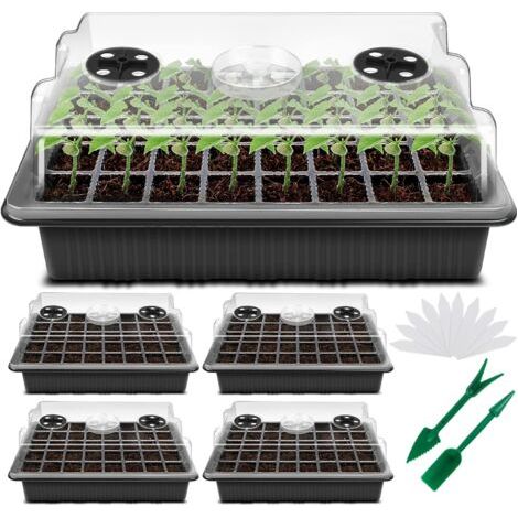 royaluxe-Mini Serre pour Plantes, Intérieure Plateau Semis avec couvercles rehaussés, Bac à semis Pépinière Boîte de Culture Durables, 4 Pièces , Noir