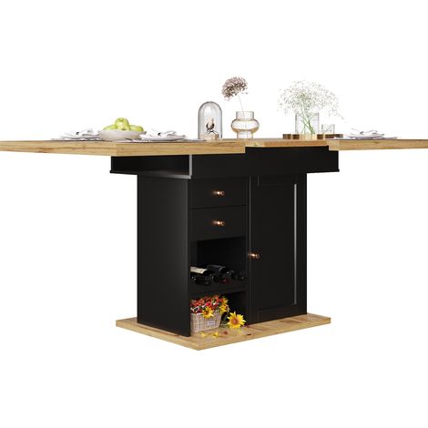 ELVMI Mesa de Comedor Extensible para 4 a 6 Personas con 1 Cajón, Estantes Regulables, Porta Snacks y Vino, Cocina y Salón, 110x80x75 cm (1/5)