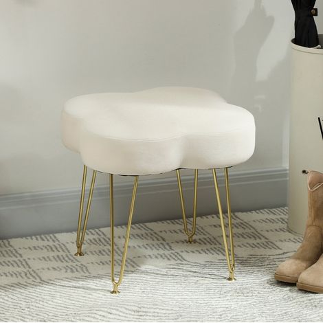 Repose-pieds rembourré en forme de trèfle, revêtement en polyester, pieds en acier, blanc crème (1/5)