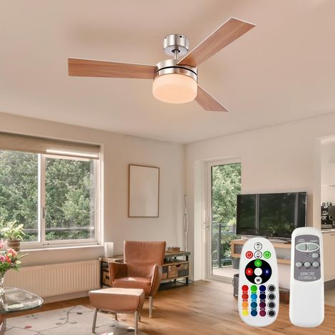 RGB LED Decken Ventilator Leuchte dimmbar Fernbedienung Farbwechsler Lampe Flügel Buche/Silber