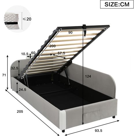 Lit coffre hydraulique avec barrière de protection rembourrée relevable, rangement sous matelas, panneau latéral droit, tissu velours et panneaux en bois, gris, 90x200 cm (1/5)