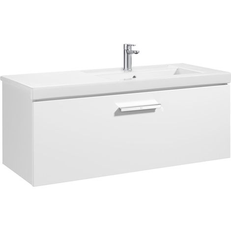 Unik mueble con un cajón + lavabo PRISMA - ROCA Color: Blanco - Fresno - Medidas: 1100 x 460 x 450 mm - Posición del lavabo: Derecha (1/2)