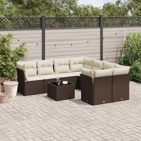 Canapé Jardin 9 Pièces Marron Résine Tressée avec Coussins Crème Modulable et Table Verre Trempé (1/3)